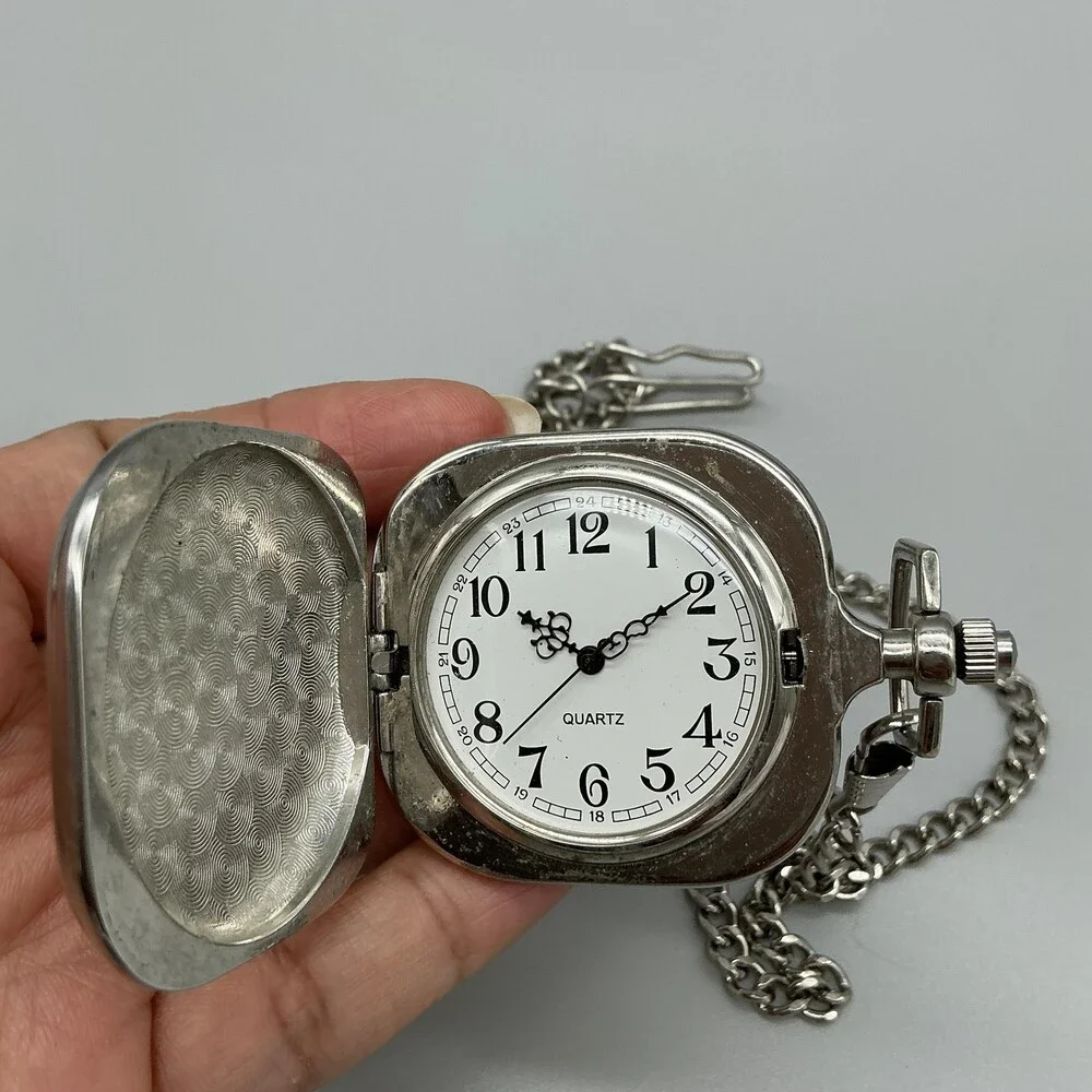 Mens Pocket Watch 45mm White Dial Silver Tone Chain Cushion Case New Battery